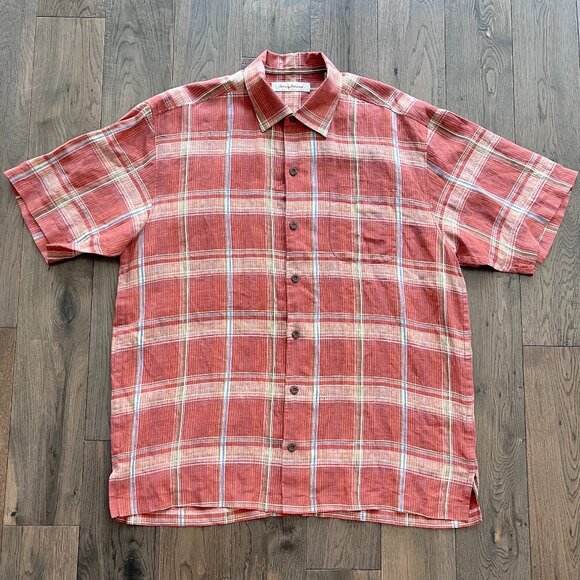 Tommy Bahama 100% Linen Plaid Button Up Shirt Short Sleeve Size L - Picture 1 of 6